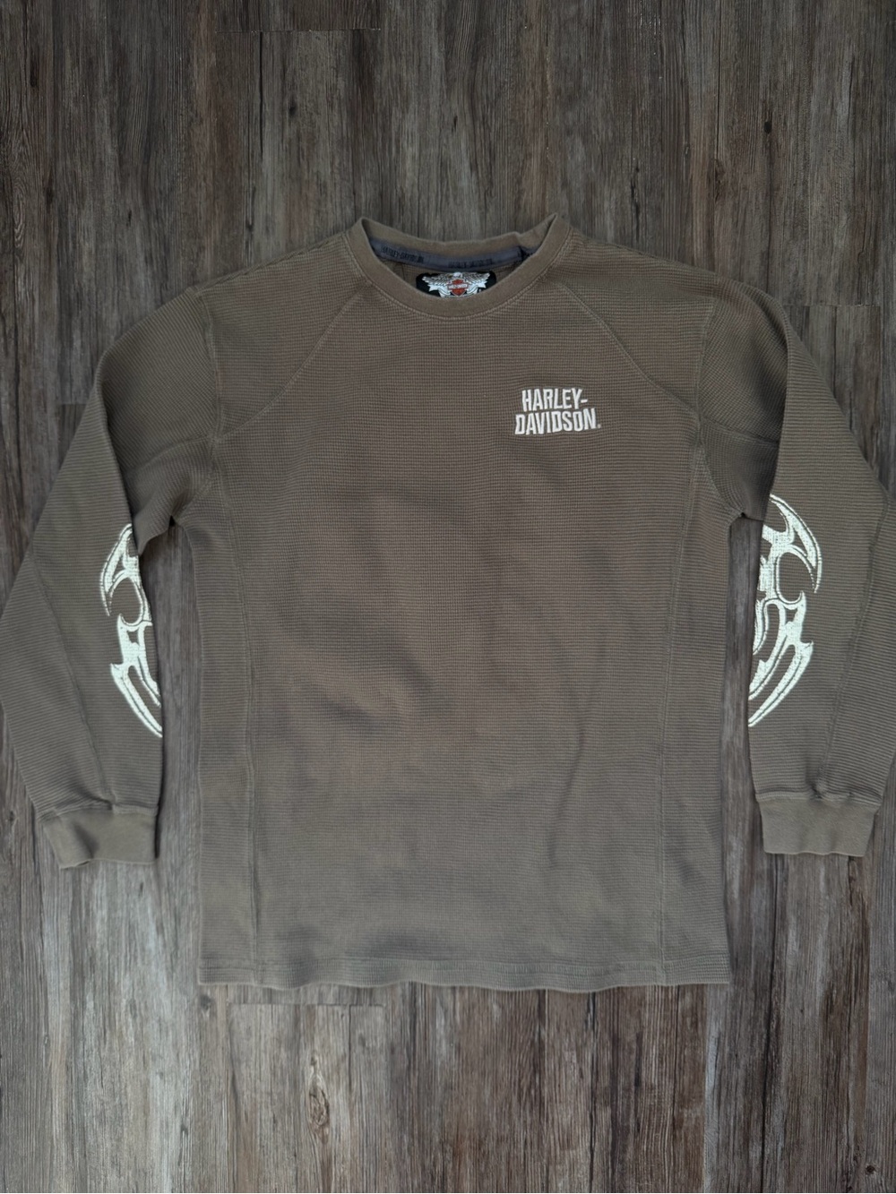 Harley-Davidson Brown Thick Crewneck Thermal with White Sleeve Graphics